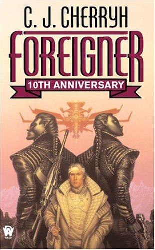 Cover of C. J. Cherryh's Foreigner, showing a lone human figure before an alien landscape