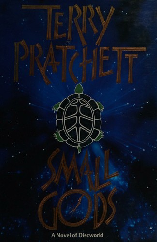 Cover of Terry Pratchett's Small Gods, a Discworld novel, showing a small tortoise against a starry blue sky