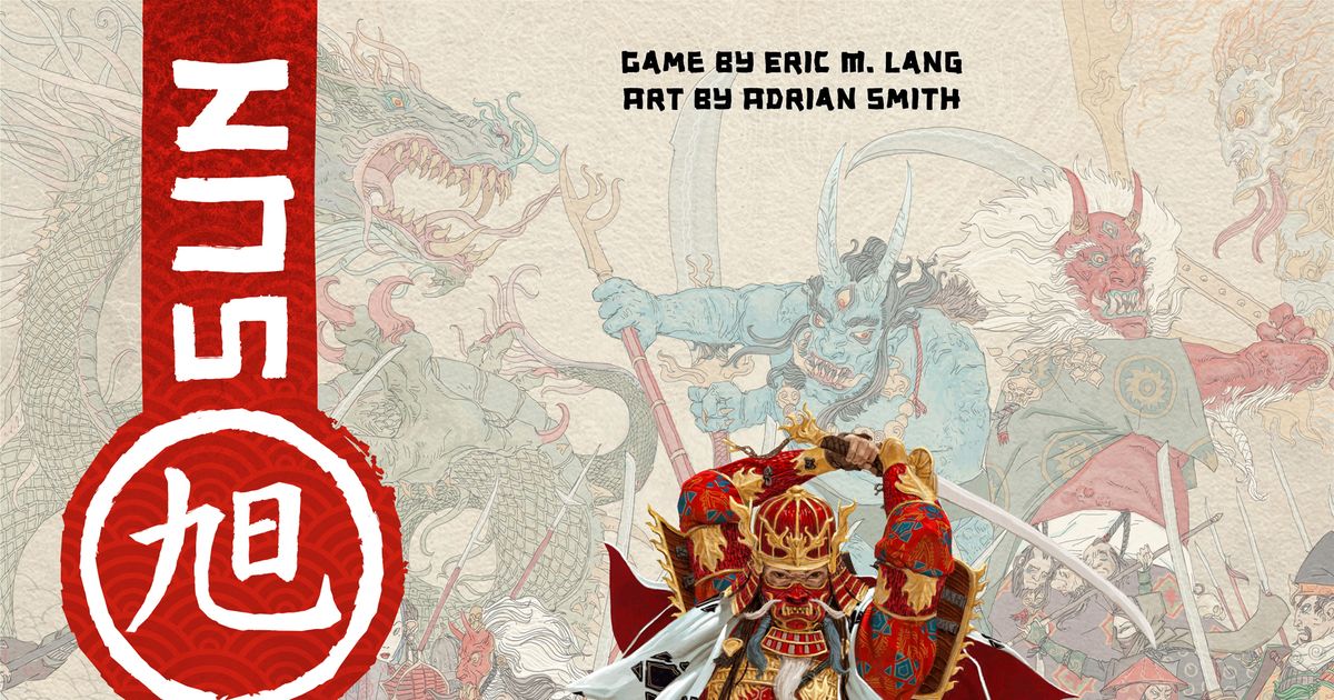 Box art for Rising Sun showing samurai clans in feudal Japan with mythological creatures