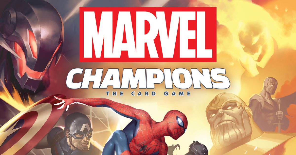 Box art for Marvel Champions: The Card Game showing several Marvel heroes in action poses