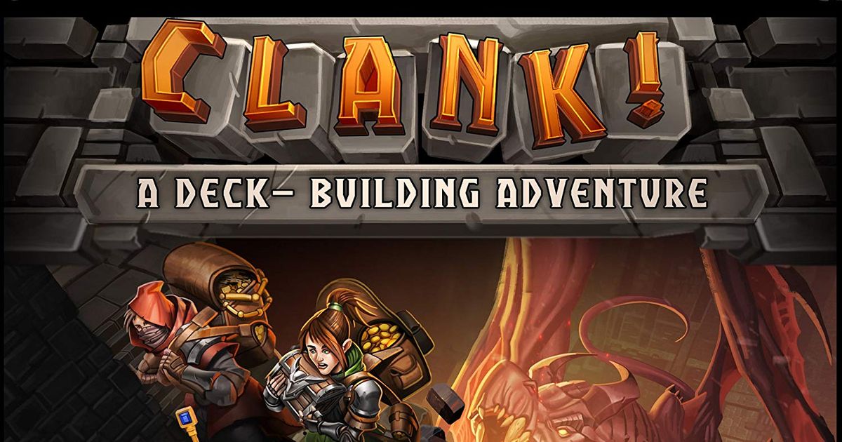 Box art for Clank! showing adventurers sneaking through a dungeon with a dragon overhead