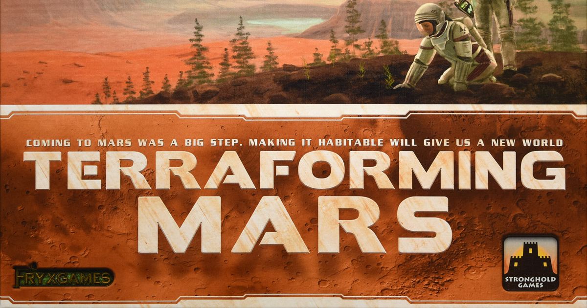 Box art for Terraforming Mars showing a terraformed Martian landscape with green and blue terrain
